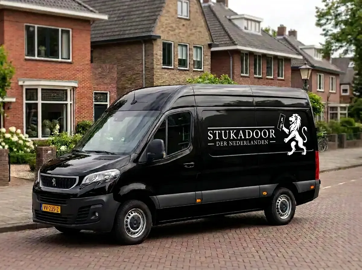 Zwarte Peugeot werkbus van Stukadoor der Nederlanden met wit logo in Hilversum